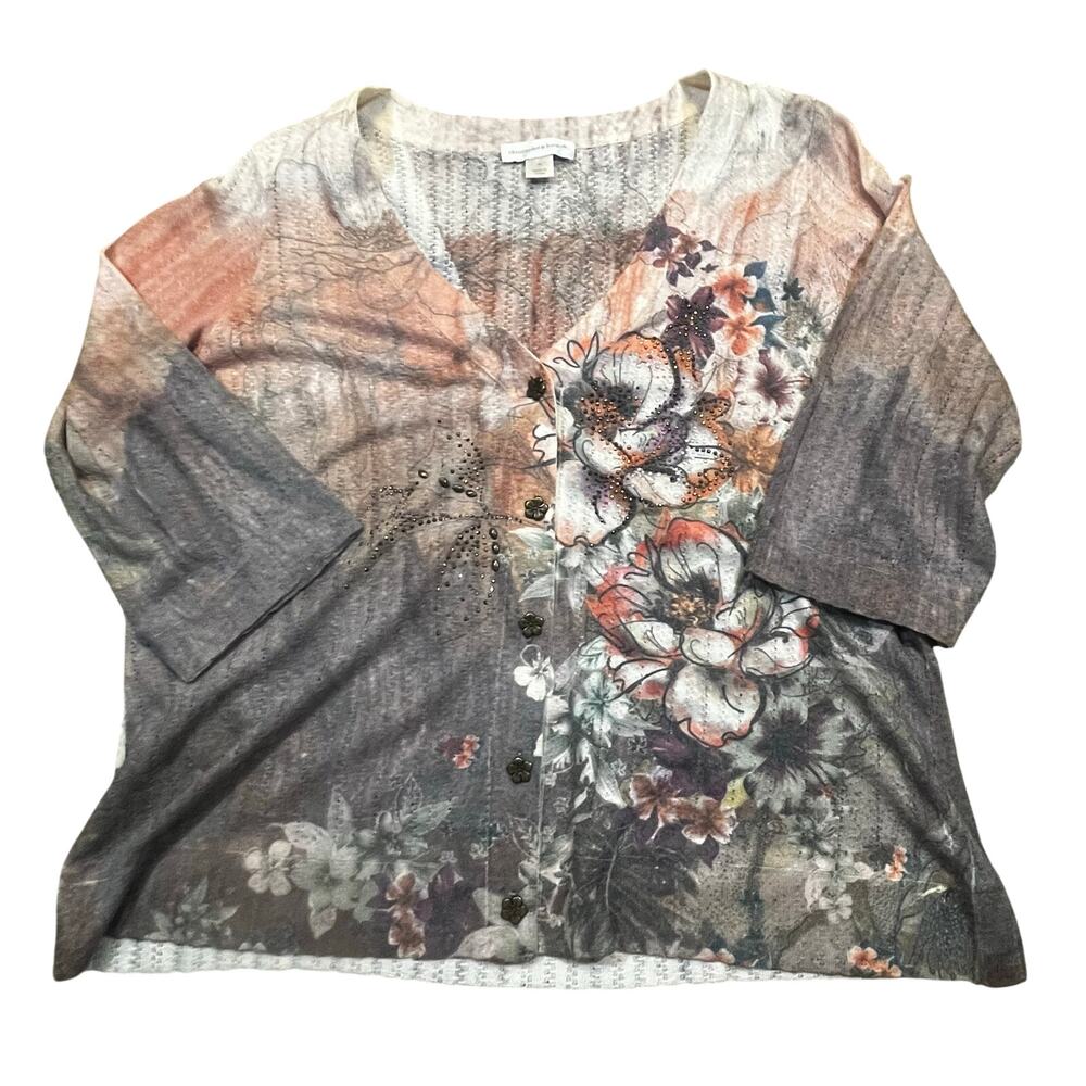 Christopher & Banks Women XL Floral Cardigan Rhinestone Boho Fall Embellishments